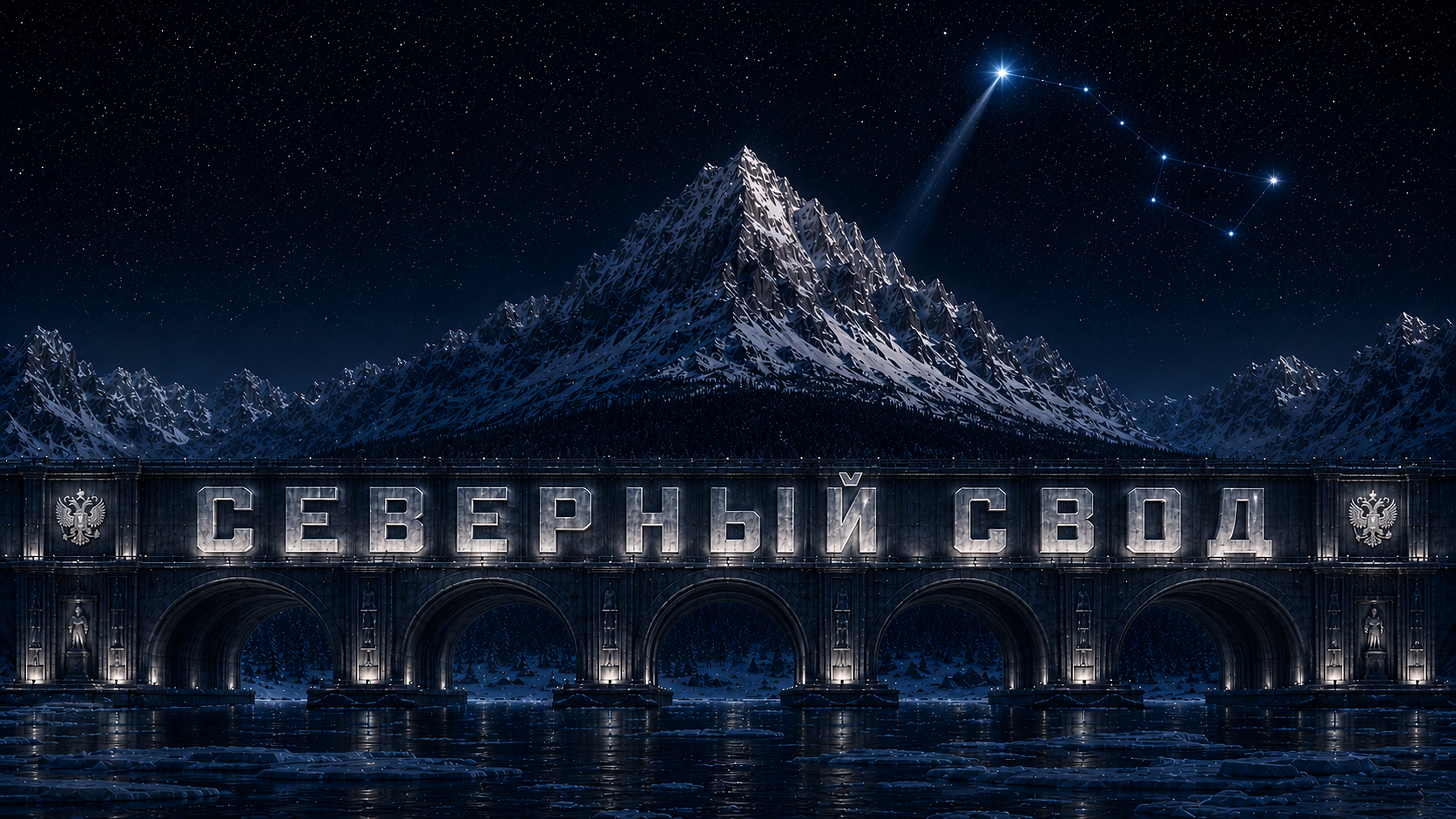 Ночной горный пейзаж и арка с надписью Северный свод